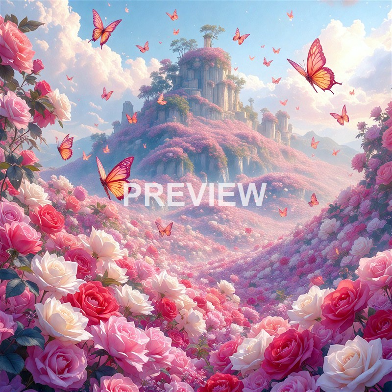 A fantastical landscape featuring a mountain covered in pink and purple blooming trees, surrounded by pink roses and butterflies, with a bright sky filled with clouds in the background.
